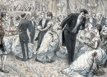 Społeczeństwo i życie towarzyskie: bal około 1880 r. (Wyższe społeczeństwo i życie towarzyskie: bal) rycina z „” Potrzeby życia” autorstwa Rengade