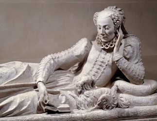 Pomnik nagrobny: grobowiec z wizerunkiem Jeanne Valentine Balbiani (1518-1572), żony kardynała René de Birague (1506-1583), kanclerza Francji. Fragment. Marmurowa rzeźba Germaina Pilona (1535-1590), około 1573. Paryż, Musée du Louvre