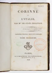 Strona tytułowa Corinne ou lItalie, wydanie trzecie poprawione i rozszerzone, tom trzeci, Imprimerie des Freres Mame, Paryż, 1808 (papier zadrukowany)