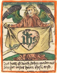 Święty monogram w Najświętszym Sercu na chuście trzymanym przez anioła