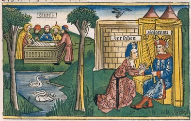 1 Księga Królewska 2, 10-11 Śmierć Dawida, oraz 2 Księga Królewska 19-25 Batszeba prosi Salomona, aby wydał Abiszag za Adoniasza, z Biblii norymberskiej (Biblia Sacra Germanaica)