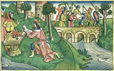 2 Królów 16 9-16 Ludność Damaszku wzięta do niewoli, z Biblii Norymberskiej (Biblia Sacra Germanaica) (kolorowy drzeworyt)