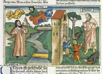 2 Królów 2 1-24 Eliasz wstępuje do nieba w wirze trąbowym, a chłopcy, którzy szydzili z Elizeusza są zjadani przez niedźwiedzie, z Biblii Norymberskiej (Biblia Sacra Germanaica) (kolorowy drzeworyt)