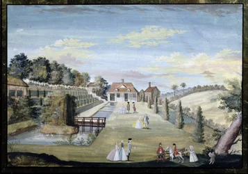 Formalny ogród wodny z tarasami, parterami wodnymi i figurami paradujących, ok. 1730