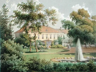 Ogród niemiecki, z „Wiejskie rezydencje, zamki i rezydencje rycerskich właścicieli ziemskich w monarchii pruskiej”, wyd. ok. 1852–63 (kolor lito)