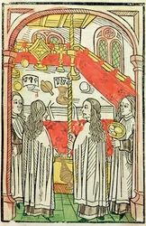 Msza prawosławna na soborze w Konstancji 1415, ilustracja z Kroniki soboru w Konstancji Ulricha Richentala (1378-1437) 1483 (kolorowy drzeworyt)