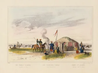 Rodzina kałmucka (zachodniomongolska) pasąca konie, ulotka obrazkowa wydana przez Josepha Scholza, Moguncja, ok. 1860