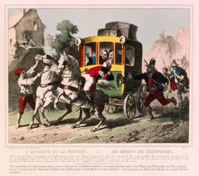 Para w czasie miesiąca miodowego zostaje zaatakowana przez rozbójników we Włoszech, ulotka ilustracyjna opublikowana przez Gangel i P. Didion, Metz, ok. 1850