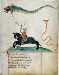 Rycerz trzymający smoka lecącego jelenia Strona rękopisu szkoły niemieckiej z XV wieku. 1405 Getynga, biblioteka Uniwersytetu