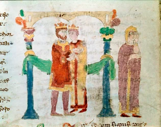 Miniaturowe małżeństwo z rękopisu „De Universo” lub „De rerum naturis” (O naturze rzeczy) autorstwa Rabanus Maurus Magnentius (lub Raban Maur lub Raban Mauro, około 780-856). Archiwum opactwa Mount Cassin