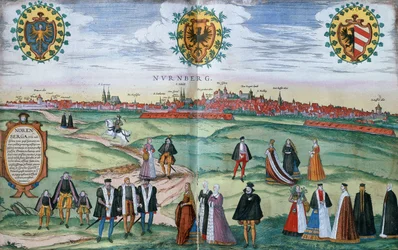 Panoramiczny widok Norymbergi, na pierwszym planie postaci w miejscowych strojach, ok. 1575