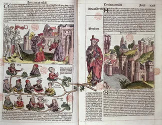 Abraham i jego potomkowie, z Kroniki norymberskiej Hartmanna Schedla (1440-1514) 1493 (kolorowy drzeworyt)