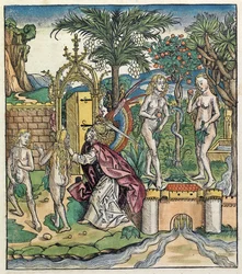 Adam i Ewa wygnani z Edenu, opublikowana w Kronice norymberskiej, 1493