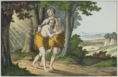 Adam i Ewa wygnani z raju, ilustracja z Lancien Testament, wyd. Jakob Ferdinand Schreiber, Esslingen (kolorystyka)