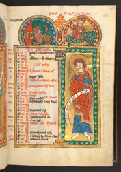 Dodać. 60629, f.4 Lipiec. 12 kartek kalendarza w kolorze złotym i kolorowym, z ramkami architektonicznymi, z których każda zawiera znak zodiaku, apostoła i pracę miesiąca.  Psałterz. Psałterz iluminowany z kalendarzem, kantykami i litaniami na użytek mnisz