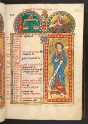 Dodać. 60629, f.5 Wrzesień. 12 kartek kalendarza w kolorze złotym i kolorowym, z ramkami architektonicznymi, z których każda zawiera znak zodiaku, apostoła i pracę miesiąca.  Psałterz. Psałterz podświetlany z kalendarzem, kantykami i litaniami na użytek nu