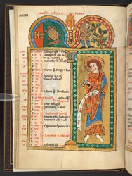 Dodać. 60629, f.5v Październik. 12 kartek kalendarza w kolorze złotym i kolorowym, z ramkami architektonicznymi, z których każda zawiera znak zodiaku, apostoła i pracę miesiąca.  Psałterz. Psałterz podświetlany z kalendarzem, kantykami i litaniami na użyte