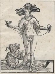 Alegoria szaleństwa - alegoria de la folie (Kobieta i głupiec) Niemiecki rycina z XVI wieku.