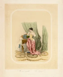 Elegancka dama przy toaletce, wydrukowana przez F. Sala & Co, Berlin, ok. 1850