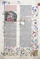 Iluminowana strona przedstawiająca św. Hieronima w jego gabinecie oraz ramka z gryfem zaatakowanym przez trzech mężczyzn, 1470