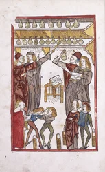 Aptekarze i mikstury, z dwoma chłopcami walczącymi na pierwszym planie, 1491
