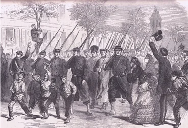 Przybycie do Paryża jeńców pruskich po bitwie pod Bagneun, Cassells History of the War between France and Germany, opublikowanej przez Cassell and Company Limited, c.1890 (lito)