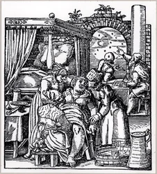 Astrologowie rzucający horoskop dla dziecka urodzonego kobiecie na krześle porodowym, z książki De Conceptu et Generatione Hominis autorstwa Jacoba Rueffa, opublikowanej we Frankfurcie, 1587