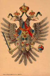 Herb cesarski Austro-Węgier, wydany przez Robaki & Co., Magdeburg, ok. 1865 (kolorowy drzeworyt)