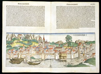 Widok Konstancji z lotu ptaka z Kroniki Norymberskiej autorstwa Hartmanna Schedla (1440-1514) 1493