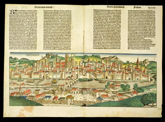 Widok z lotu ptaka na Ratyzbon, z Kroniki Norymberskiej autorstwa Hartmanna Schedla (1440-1514) 1493