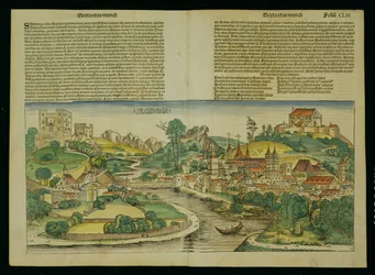 Widok z lotu ptaka na Salzburg z Kroniki Norymberskiej autorstwa Hartmanna Schedla (1440-1514) 1493