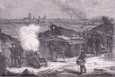 Bombardowanie Schelestadt , Cassells Historia wojny między Francją a Niemcami wydana przez Cassell and Company Limited, c.1890 (lito)