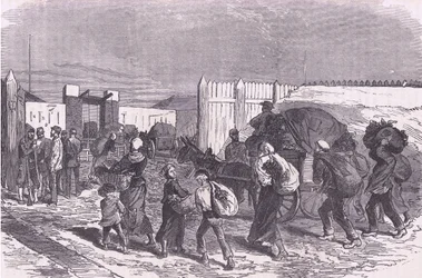 Wprowadzanie warzyw z przedmieść, Cassells History of the War między Francją a Niemcami, wydane przez Cassell and Company Limited, c.1890 (lito)