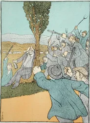 Karykatura z czasopisma "Simplicissimus" przedstawiająca Clemenceau i zbuntowanych plantatorów winorośli, lipiec 1907 r. (litografia barwna)