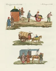 Wózek i sposób podróżowania po Chinach (kolorowy grawerunek)