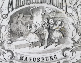 Dziecięca scena taneczna, fragment strony tytułowej zbioru muzyki i tańców dla dzieci wydanego w Magdeburgu. Niemcy