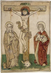 Chrystus na krzyżu z Maryją i św. Janem, ok.1470-80 (rękobarwiony drzeworyt na pergaminie)