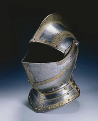 Hełm zamknięty, ok. 1580 (stal trawiona i pozłacana z mosiężnymi nitami)