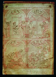 Codex 507 fol.2r Tkacz, szewc, rybak i myśliwy, z Renner Musterbuch, c.1208-18