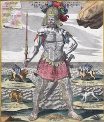 Kolosalny król okrakiem na jego imperium, c.1750 (grawerowanie)