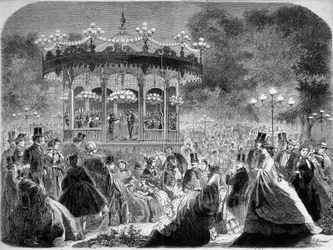 Koncert w kiosku muzycznym Champs-Elysées, grawerowanie niemieckie v. 1861.