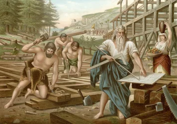 Budowa Arki (kolorowa litografia)