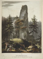 „Der Hübichenstein”, „Cztery widoki w lesie Harz”, Philipp Ganz, ok. 1770-90 (akwaforta ręcznie kolorowana)