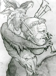 Głowa diabła grającego człowieka jako dudy, 1144 (drzeworyt)