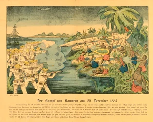 Powstanie Duala w niemieckim Kamerunie, w tle SMS Olga, 20 XII 1884, 1884