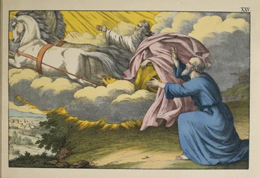 Eliasz wstępuje do nieba w wirze, pozostawiając swojego ucznia Elizeusza, aby kontynuował swoją pracę, ilustracja z Lancien Testament, wydana przez Jakoba Ferdinanda Schreibera, Esslingen (kolorowe grawerowanie)