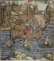 Eneida Wergiliusza (70 pne-19 pne), trojański bohater Enee i jego towarzysze przeprawiają się przez morze pełne syren. Ksylografia Sebastiana Branta (1458-1521). Strasburg