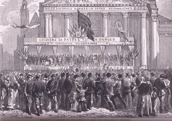 Zapisywanie ochotników do obrony Paryża, Cassells History of the War between France and Germany wydane przez Cassell and Company Limited, c.1890 (lito)
