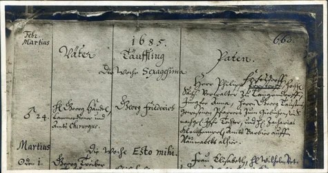 Wpis Chrztu Haendla z rejestru kościelnego w Marktkirche, Halle, Niemcy, 1685