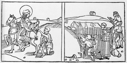 Epizody z życia św. Marcina. Grawer z „Leben der Heiligen - sommerteil” (Księga świętego) Jakuba (Jakuba) z Voragine (1228-1298). Lubeka 1488.